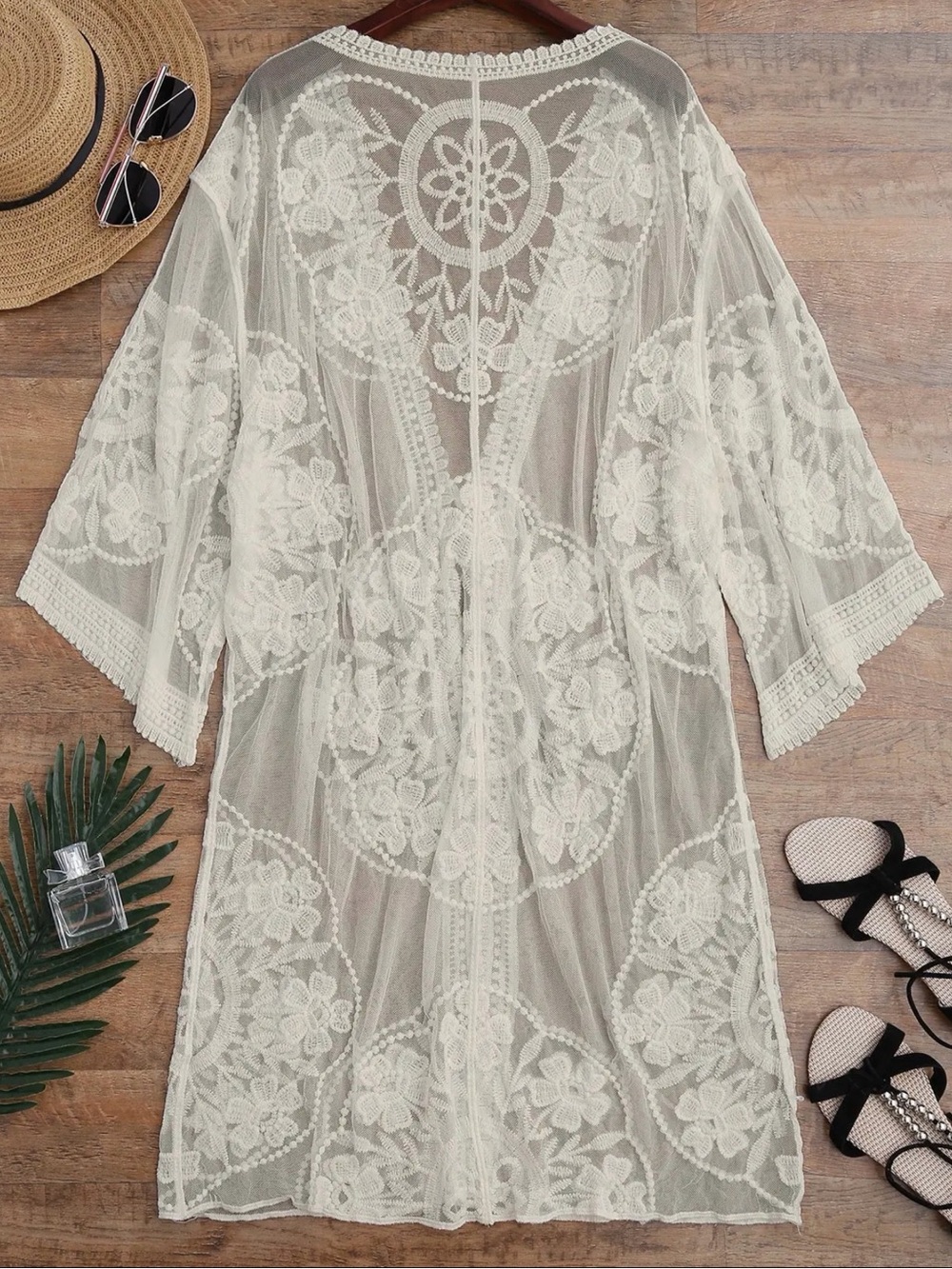 Zaful White Floral Lace Sheer Swim Coverup Kimono - Picture 2 of 3